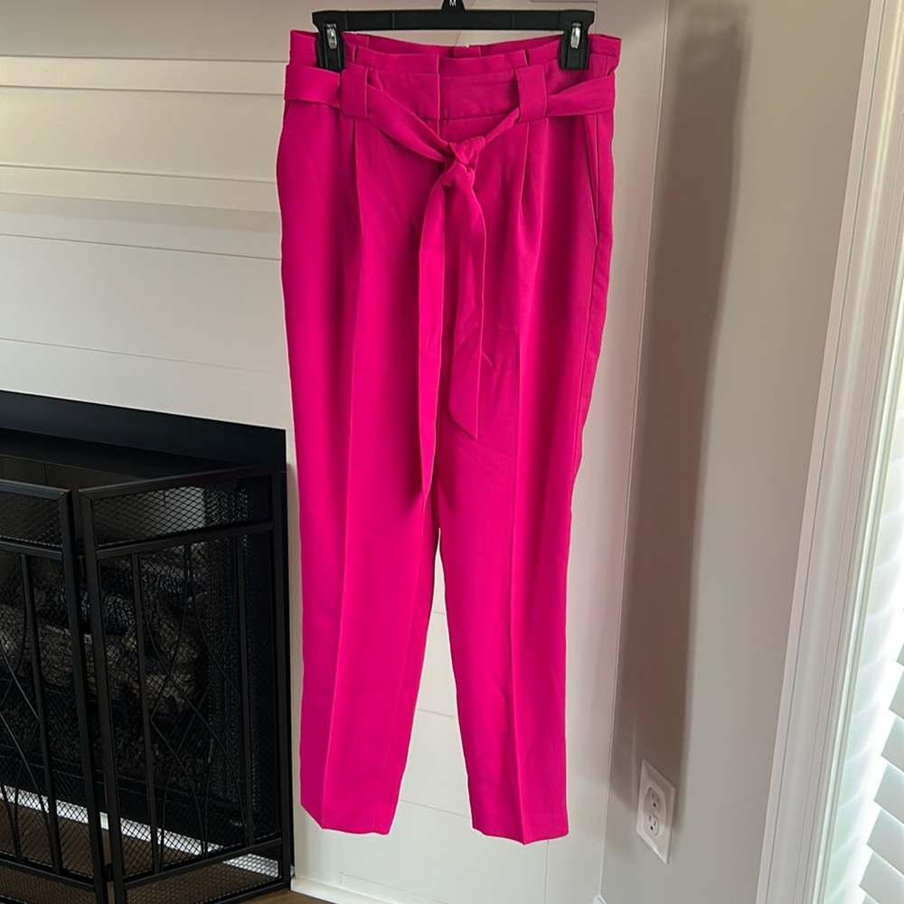 Express size 4 pink paper bag waist pant with tie belt, worn once.